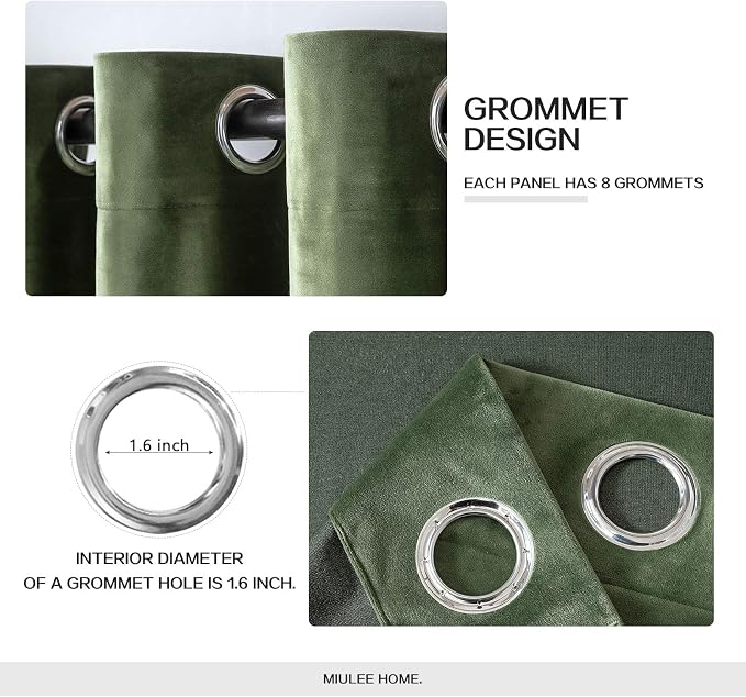 MIULEE 90 Inches Velvet Curtains Olive Green Elegant Grommet Curtains Thermal - Image 2