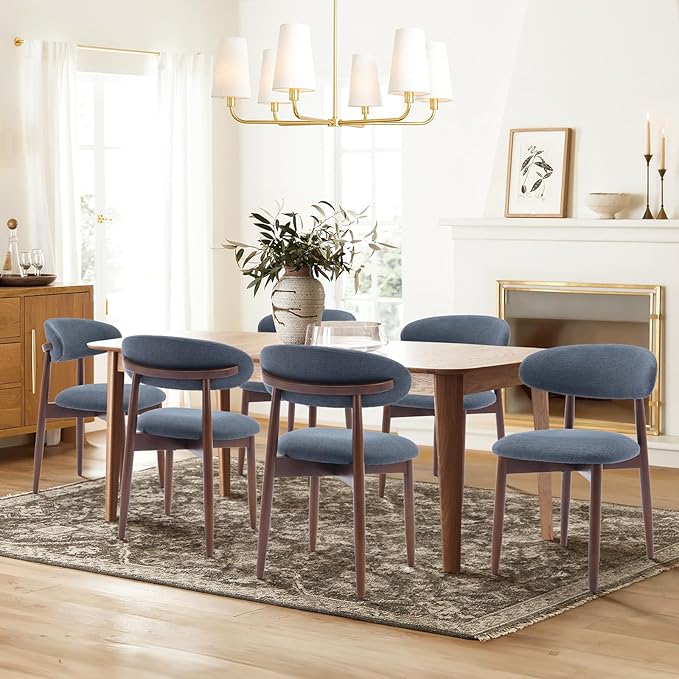 COLAMY Wooden Dining Chairs Set of 4, Modern Fabric Upholstered Kitchen Chairs, Farmhouse Dining Room Chair with Foot Pegs, Blue