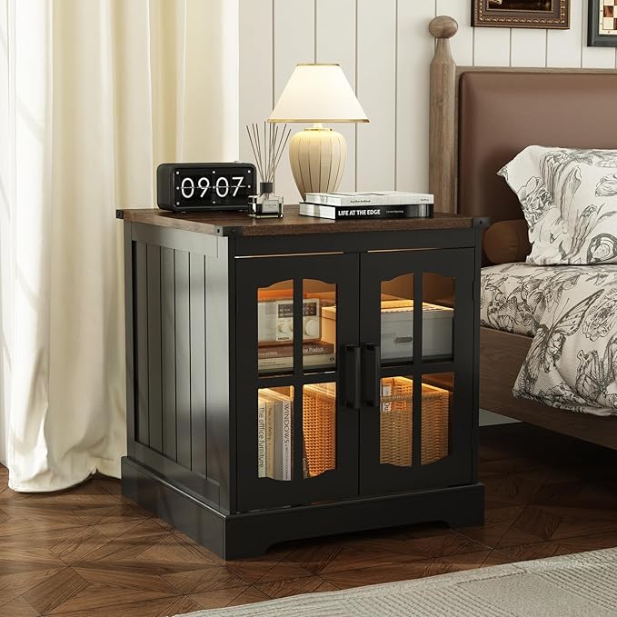 ChooChoo Farmhouse End Table Set of 2, 24" Large Sofa Side Table with Charging Station & LED Light, Black Nightstand with Adjustable Storage Shelf, Square Bedside Table for Living Room