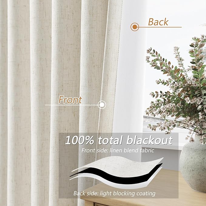 Cream 100% Blackout Linen Curtains 86 Inch Length 2 Panels Set - Image 3