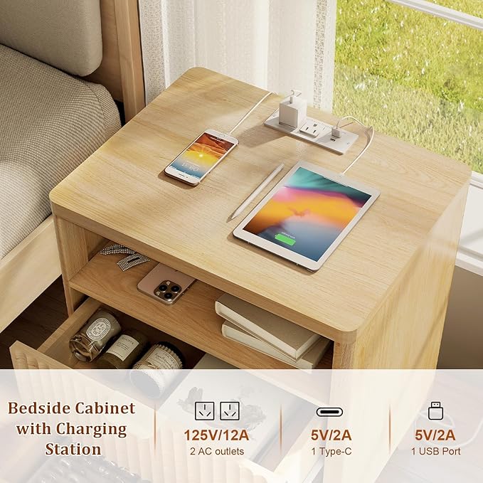 Fluted Nightstand with Charging Station, 19.7 inch Wide End Table with 2 Drawers, Modern Wood Bedside Table for Bedroom(Natural)