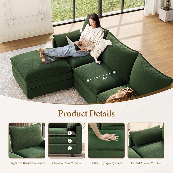Vesgantti 108" Modular Sectional Sofa, Comfy Cloud Couch with Movable Ottoman Deep Seat Chenille L Shaped Modular Sofa, Sectional Couches for Living Room, Bedroom and Apartment, Green