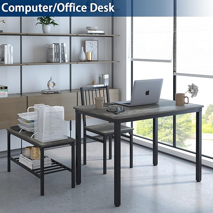Teraves Dining Table Set for 4/Computer Desk,Kitchen Table with 2 Chairs and a Bench,Table and Chairs Dining Set 4 Piece Set for Dining Room (Black Oak+Black Frame, 110CM)