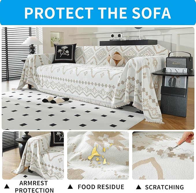 LUFEIJIASHI Boho Couch Covers for Sofa Non Slip Sofa Covers Washable Couch Covers for 3 Cushion Couch Sofa Pet Friendly Sectional Couch Cover Blanket Furniture Protector for Dogs (Khaki, 91"x134")