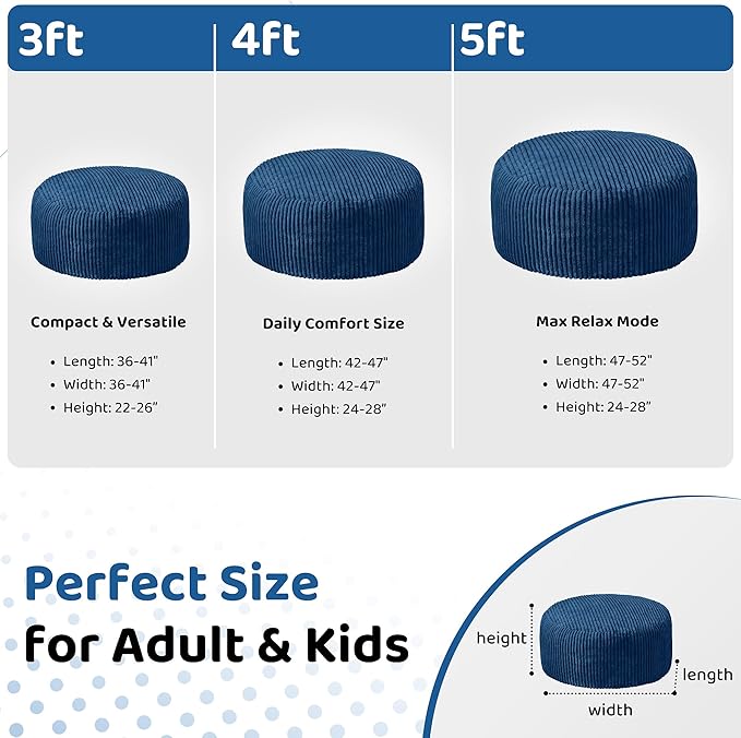 HABUTWAY 5FT Bean Bag Chair, 5' Large Bean Bag Chairs for Adults with Removable Stripe Plush Cover, Memory Foam Beanbag Chair for Living Room Bedroom Dorm (Blue)