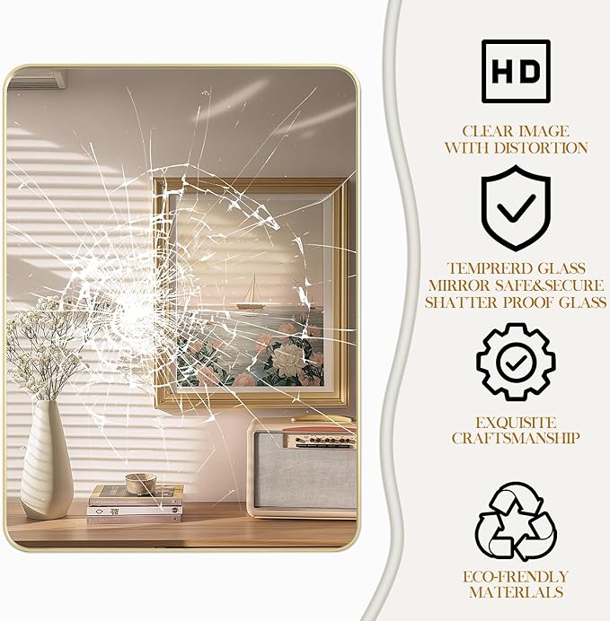Fun Memories Glod Bathroom Mirror 24x36 Inch Bathroom Vanity, Metal Black Frame Large Mirror, Modern Wall Mirror for Bathroom, Tempered Glass, Farmhouse, Horizontally or Vertically