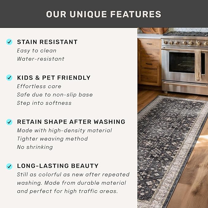 Black Washable Long Runners for Hallways, 2'6"x8' Wide Kitchen Runner Rug, Entryway Indoor Rug, Non Slip Rubber Backing Boho Vintage Floor Decor