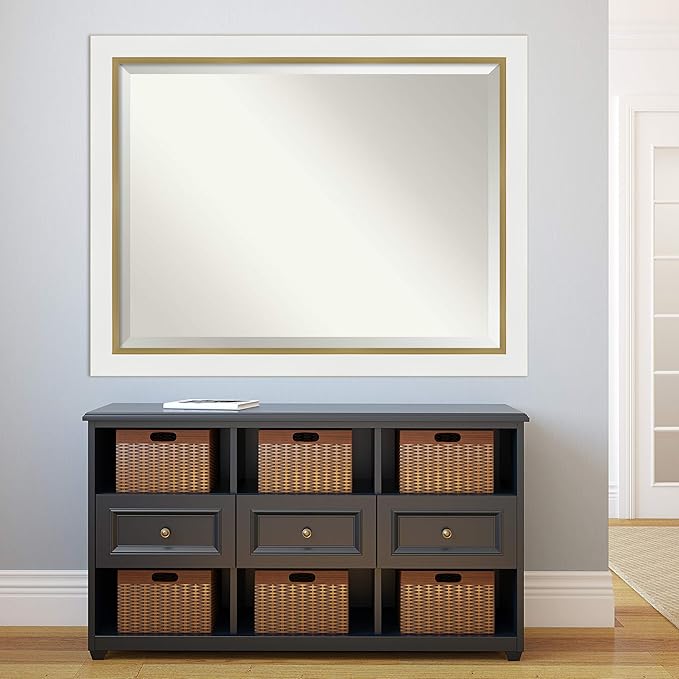 Amanti Art White Bathroom Mirror for Over Sink, 35x45 Eva White Gold Rectangle Vanity Mirror, X-Large Modern Contemporary Frame, Hangs Horizonally and Vertically, Bathroom Wall Decor, Beveled Edge