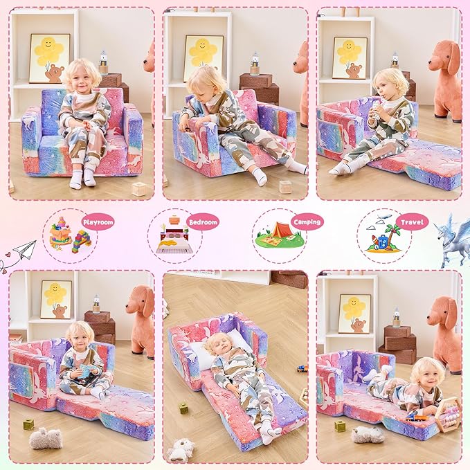 Toddler Chair Comfy,2-in-1 Soft Toddler Couch Fold Out for Kids,Convertible Sofa to Lounger,Gift for Girls and Boys Birthday,Elf,Medium