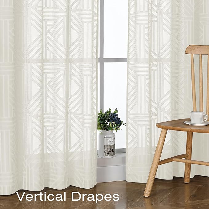 Simplebrand Semi Sheer Ivory Curtains 30 Inch Length 2 Panels, Geometric - Image 6