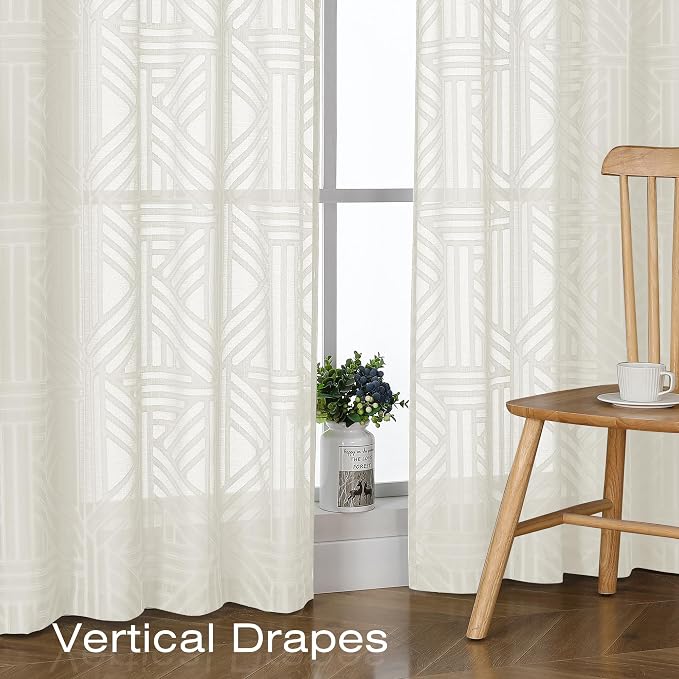 Simplebrand Semi Sheer Ivory Curtains 36 Inch Length 2 Panels, Geometric - Image 6