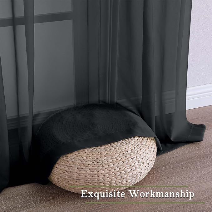 Lecloud Black Sheer Curtains 96 Inches Long 2 Panels, Solid Airy Voile Dual Rod - Image 9
