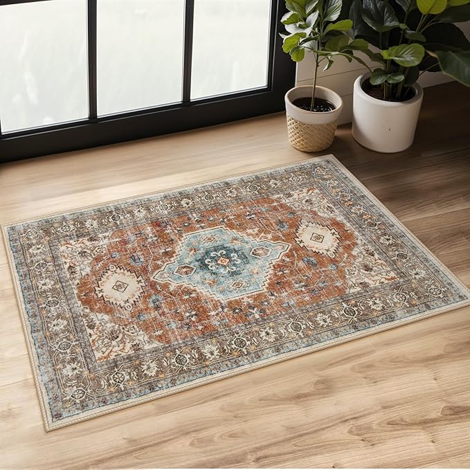 Lahome Oriental Small Rugs for Entryway, 2x3 Rug Non Slip Washable Door Mat Indoor Entrance Ultra-Thin Vintage Soft Carpet for Kitchen Bedroom Front Door Bathroom, Orange/Multi