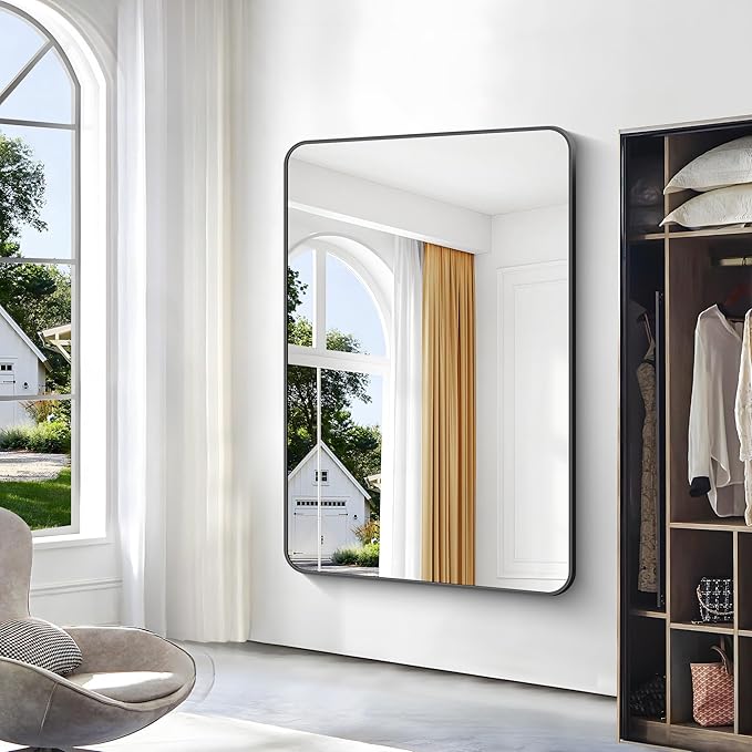 BONEWEI Black Bathroom Mirror,60x40 inch Wall Mirror for Bathroom Wall Mounted,Rectangle Mirror for Bathroom Over Sink,Modern Frame Round Corner for Living Room,Bedroom Entryway,Horizontal/Vertical
