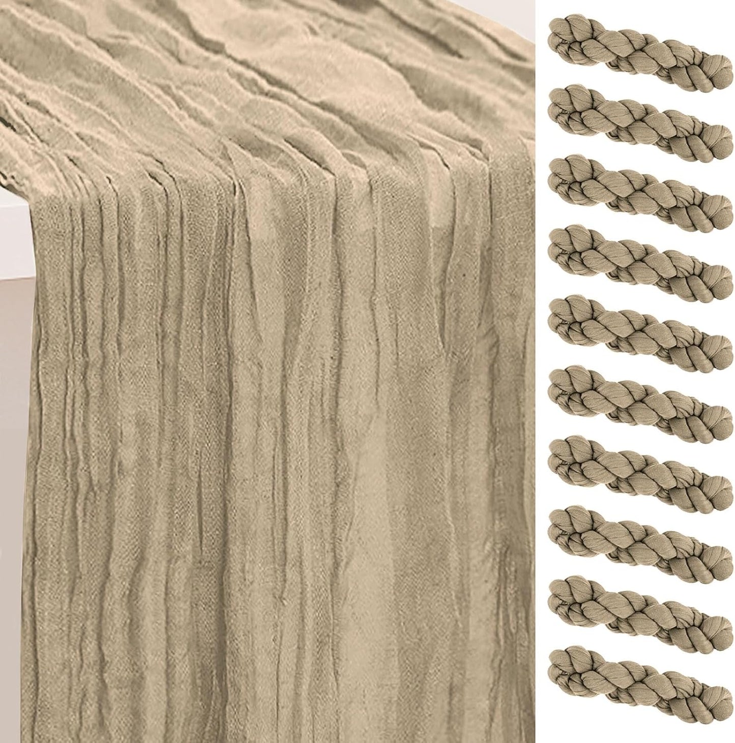 10 Pack Khaki Cheesecloth Table Runner 35x120 Inch 10Ft Rustic Gauze Cheese Cloth Table Runner Sheer Cheesecloth Table Runners for Wedding Party Bridal Shower Decoration