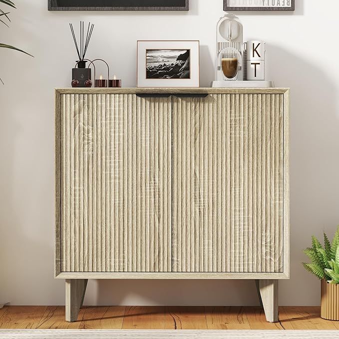 Fluted Cabinet with Storage, Small Buffet Storage with Doors, Buffet Sideborad Accent Cabinet with Adjustable Shelves for Living Room, Kitchen, Entry, Hallway, Natural