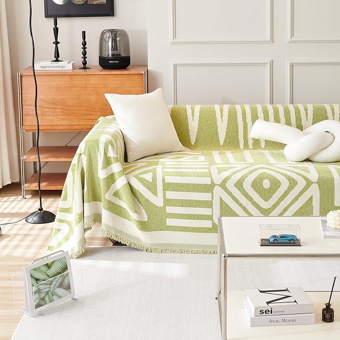 HANDONTIME Green Sofa Covers Chenille Couch Covers Universal Sofa Cover Boho Cover for Sofa 3 Seats Dogs Couch Furniture Protector Couch Cushion Covers Sectional Couch Covers for L Shaped, 91" X134"