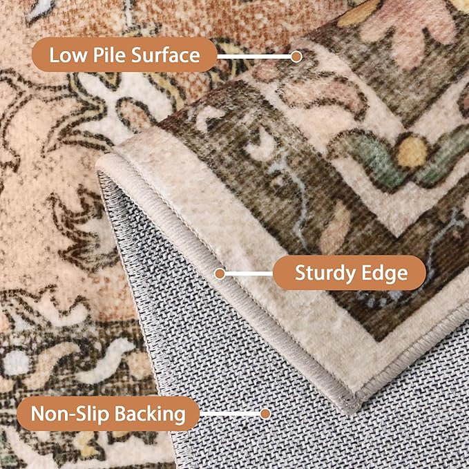 10X14 Area Rugs Machine Washable Rugs for Living Room, Vintage Boho Large Rugs for Bedroom Dining Room, Non Slip Indoor Soft Distressed Lightweight Thin Low Pile Carpet, Chestnut