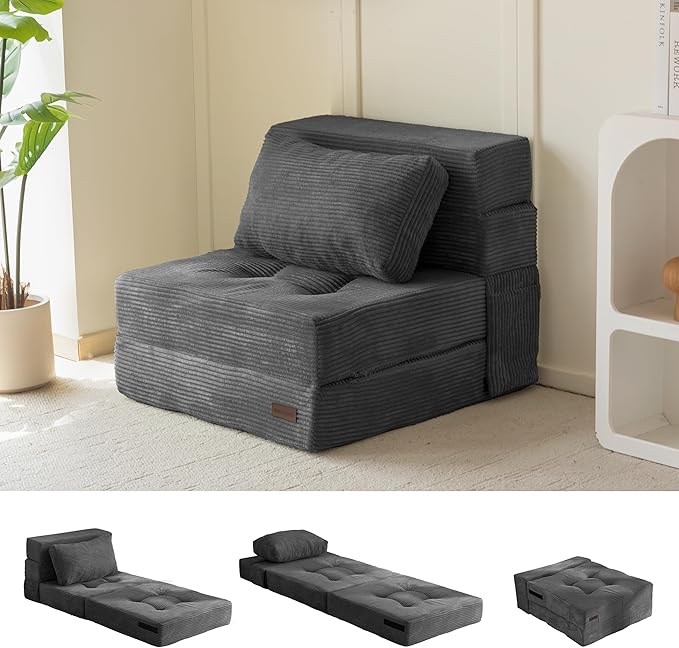 MAXYOYO Convertible Sofa Bed, Fold Out Single Sleeper Sofa with Pillow, 4 in 1 Tufted Folding Couch Bed Foam Floor Couch, Lazy Chair for Living Room Bedroom Guest Room, Dark Grey
