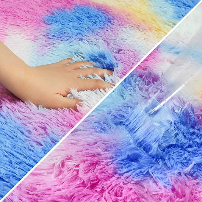 Fluffy Colorful Rug for Bedroom 2x6 ft Kawaii Tie-Dyed Area Rug Non Slip Cute - Image 6