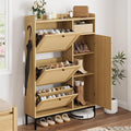 GarveeHome Shoe Cabinet Rattan with 3 Flip Drawers and 4-Tier Shoe Storage Cabinet, Freestanding Shoe Organizer with Adjustable Shelves for Entryway, Closet, Hallway (Oak)