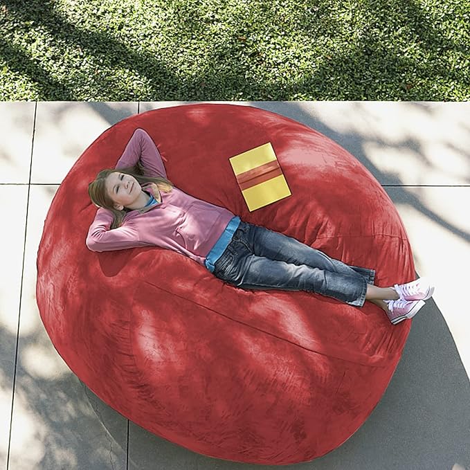 Giant Fur Bean Bag Chair Cover for Kids Adults, (No Filler) Living Room Furniture Big Round Soft Fluffy Faux Fur Beanbag Lazy Sofa Bed Cover (Red, 5FT)