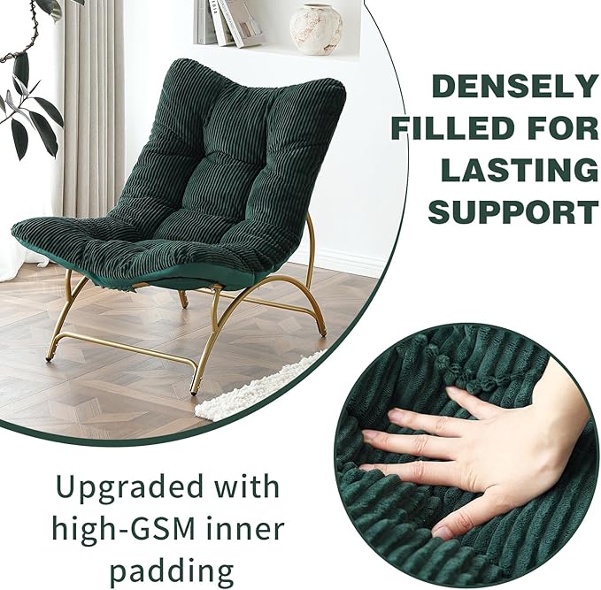 Welnow Accent Lounge Lazy Chair, Comfy Soft Leisure Metal Frame Reading Chair, Upholstered Thick Cushion Seated Recliner Sofa for Living Room, Bedroom, Dorm, Dark Green