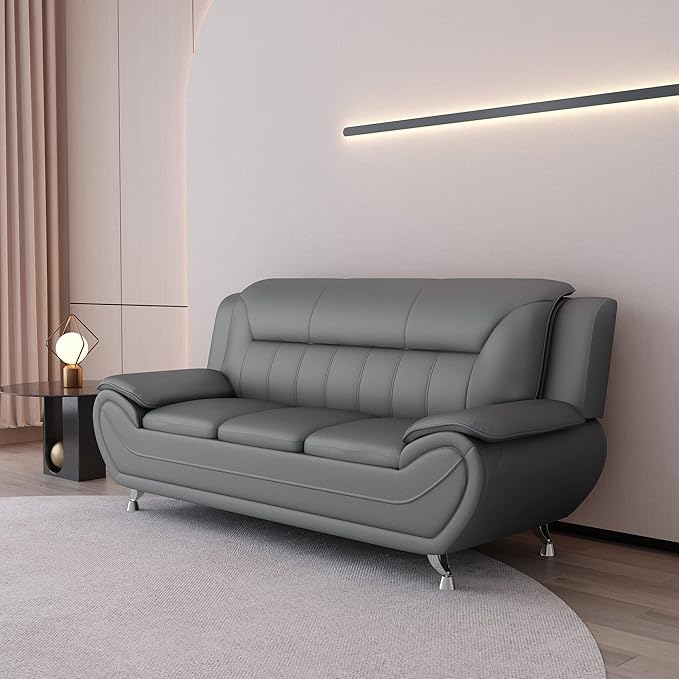Container Furniture Direct Michael Modern Faux Leather Upholstered Stainless Steel Legs Living Room Sofa, Gray