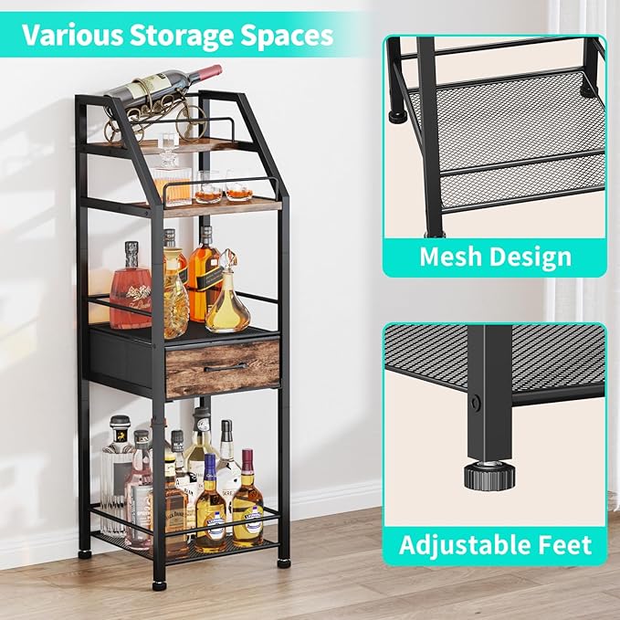 HapiRm Wine Rack Freestanding Floor - 4-Tier Stepped Liquor Cabinet Bar Stand for Home with Fabric Drawer, Wine & Glass Organizer for Living Room, Kitchen, or Dining Room