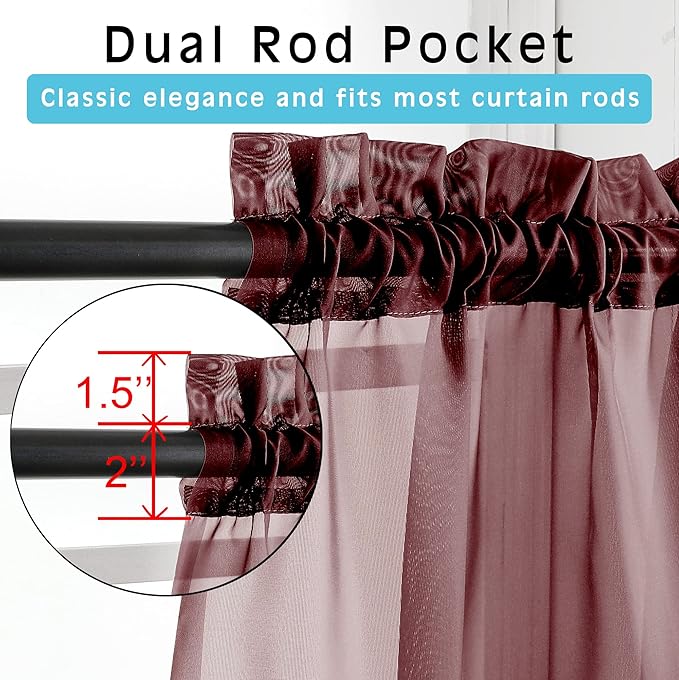 OVZME Burgundy Sheer Curtains 84 inch Length 2 Panels Set, Light Filtering - Image 2