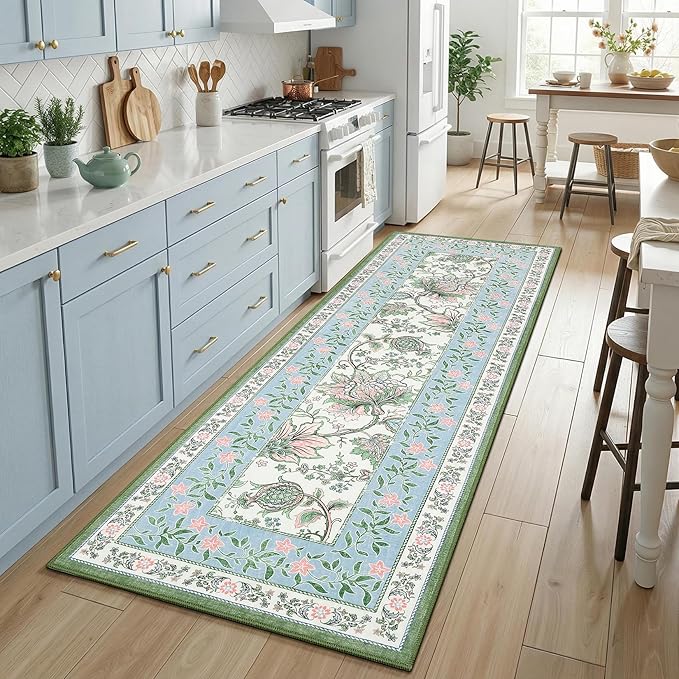 GarveeHome Blue Green Pink Washable 5x7 Area Rugs, Botanical Grove Vintage - Image 4
