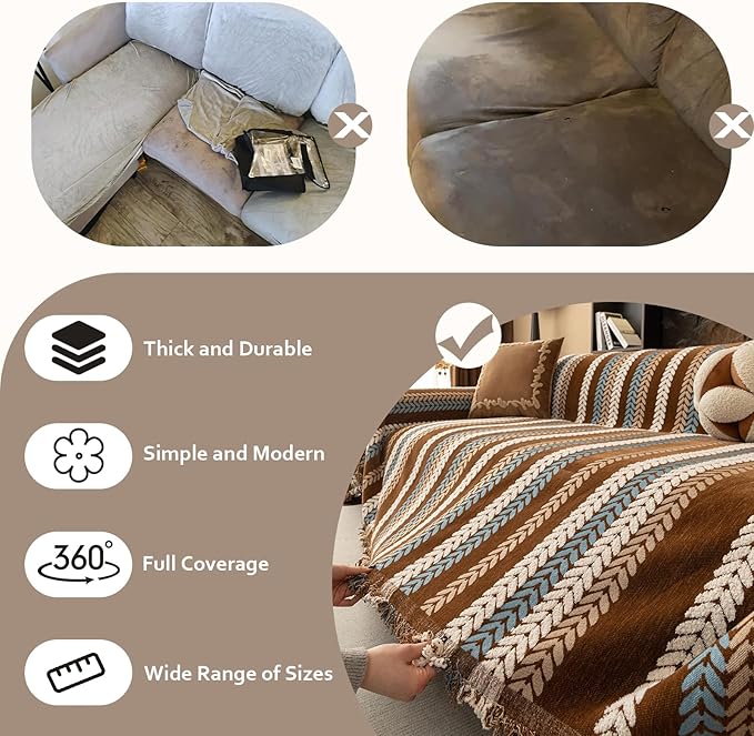 STACYPIK Khaki Jacquard Leaves Sofa Cover, Vintage Couch Cover for Dogs, Washable Pet Protector for 3 Cushion Couch, Non-slip Chenille Sofa Covers for Loveseat, Boho Couch Cover for Sectional-71X134IN