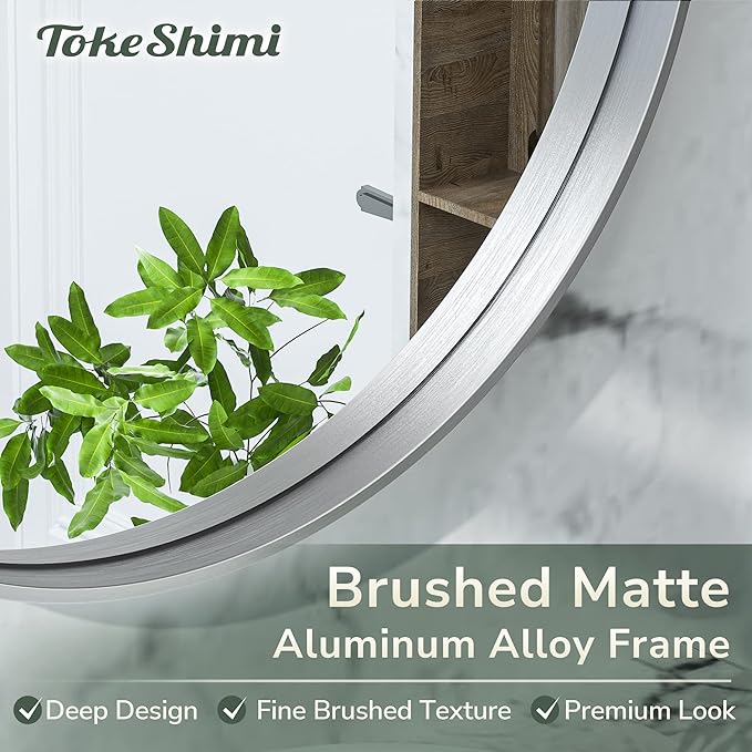 TokeShimi 40 Inch Round Silver Bathroom Vanity Mirror for Wall with Non-Rusting Aluminum Alloy Brushed Matte Metal Frame for Modern Minimalist Farmhouse Home Decor