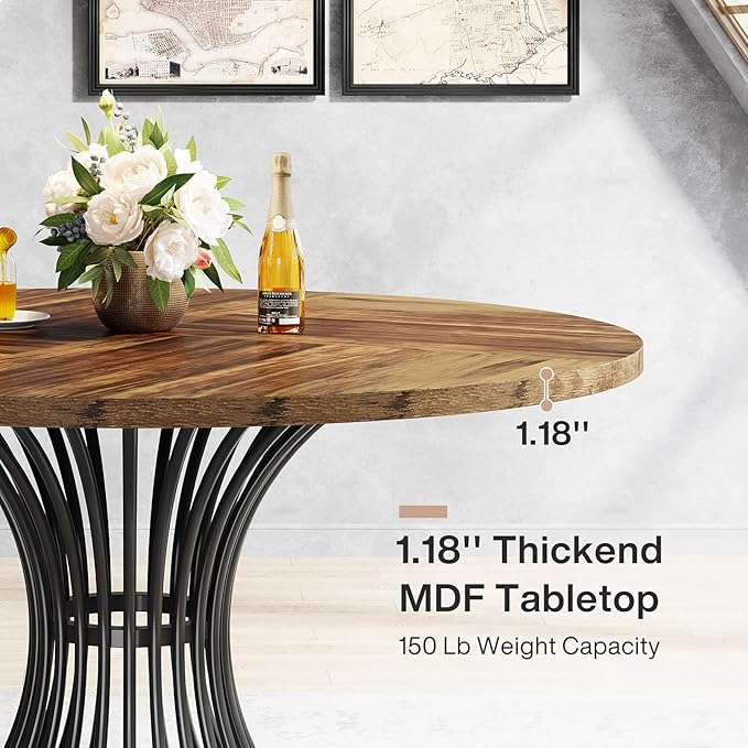 Tribesigns Round Dining Table for 4-6 People, 47-Inch Farmhouse Dinning Room Circle Kitchen Table, Industrial Dinner Table with Metal Base for Kitchen, Living Room, Black and Brown