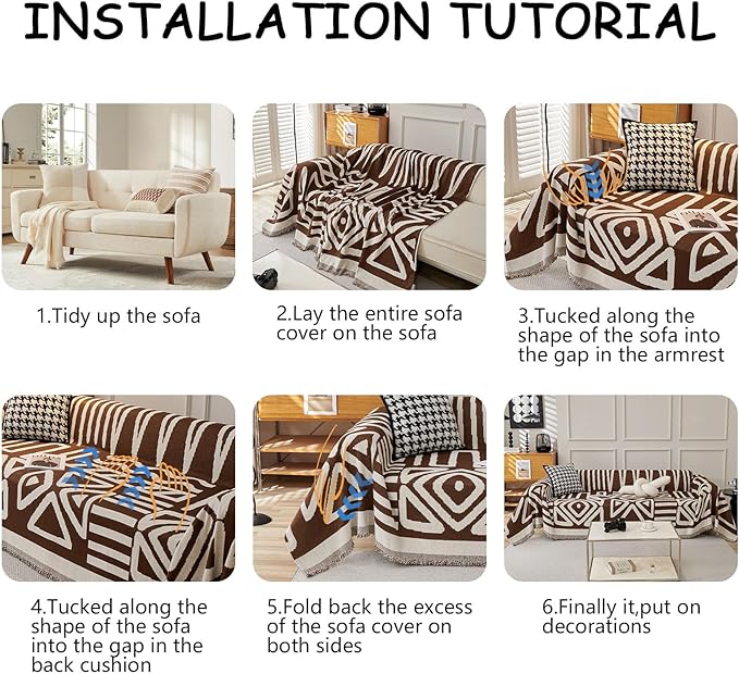 HANDONTIME Chocolate Boho Couch Cover Reversible Sofa Covers for 3 Cushion Washable Chenille Couch Protector, 71" X150