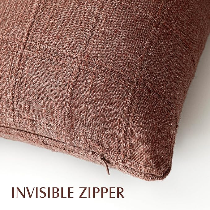 Foindtower Set of 2 Decorative Linen Check Throw Pillow Covers Neutral Farmhouse Vintage Cushion Covers Modern Boho Home Decor for Sofa Chair Couch Bedroom Living Room Outdoor,22×22 Inch,Autumnal Red