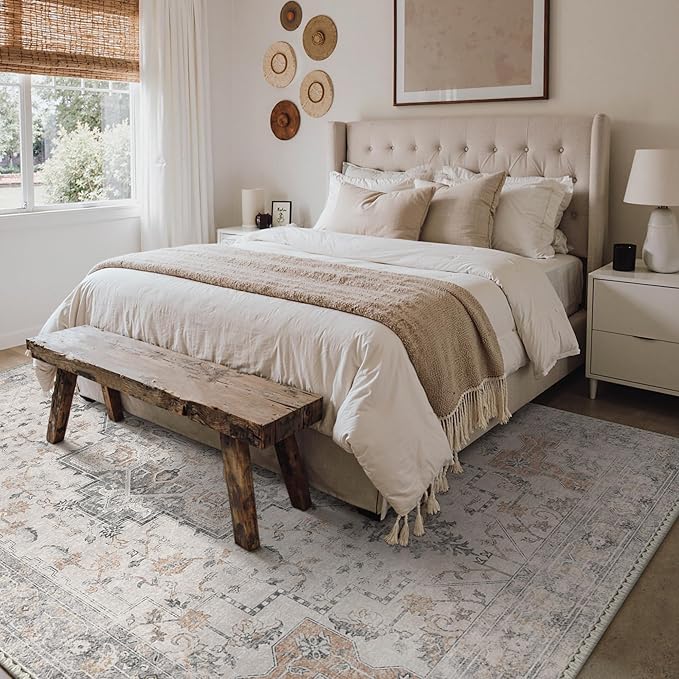 GENIMO 6x9 Area Rugs for Living Room, Machine Washable Low Pile Rugs, Chenille Non Alip Vintage Rug for Bedroom, Dining Room, Home Office, Light Taupe Brown