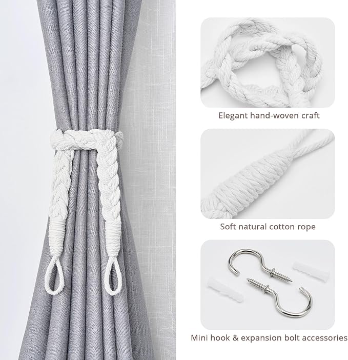NICEEC 4 Pack Natural Cotton Rope Curtain Tiebacks Elegant Boho Style - Image 2