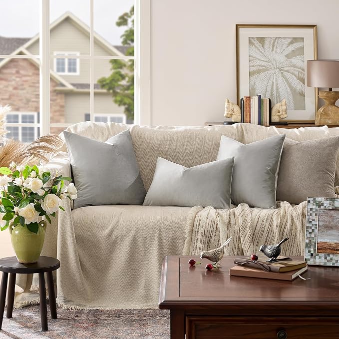 GIGIZAZA Pillow Covers 22x22 Silver Grey Set of 2 Velvet Square Throw Pillow - Image 2