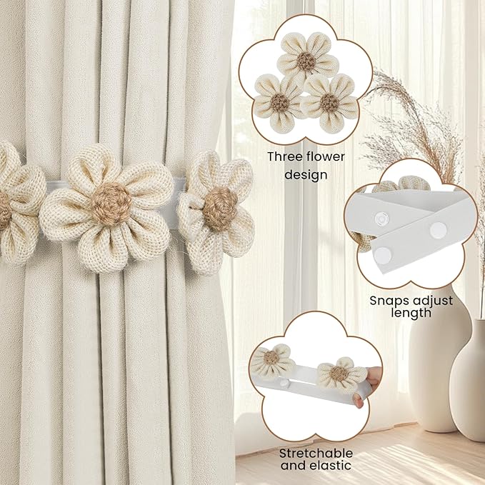 KLOGTSIND Flower Curtain Tiebacks, 4 Pack Boho Curtain Ties Elegant Three - Image 4