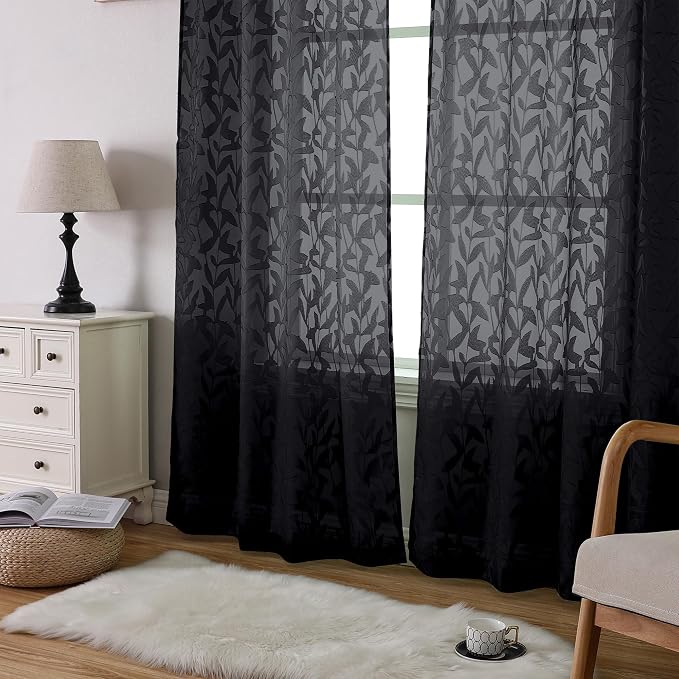 Lecloud Leia Jacquard Black Sheer Curtains 96 Inches Long 2 Panels, Balance - Image 3