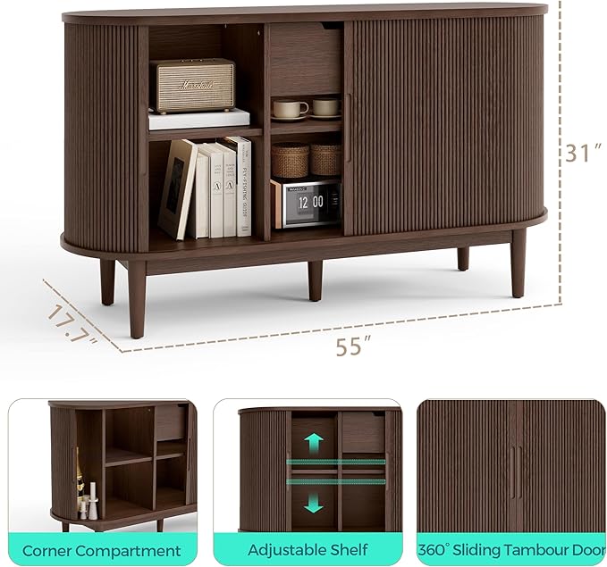 LINSY HOME Sideboard Buffet Cabinet with Storage, 55" Fluted Coffee Bar Cabinet with Tambour Sliding Doors and Drawer, Mid Century Modern Wood Storage Buffet Table for Kitchen, Vintage Walnut