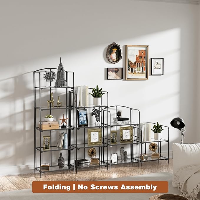 Crofy No Assembly Folding Bookshelf for Living Room, 4 Tier Black Collapsible Book Shelf for Home Office, Portable Bookcase Storage Organizer