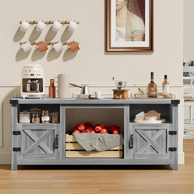 YESHOMY Fireplace TV Stand with Barn Doors and Open Display Shelf, Farmhouse Media Console with Hidden Cable Routing, Entertainment Center for Televisions up to 65+ Inch, Gray Wash