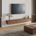 POVISON Fully Assembled Floating TV Stand, 63" Modern TV Stand with Flip-Down Cabinet Doors, Walnut TV Stand, Solid Wood Floating Entertainment Center, Minimalist TV Console