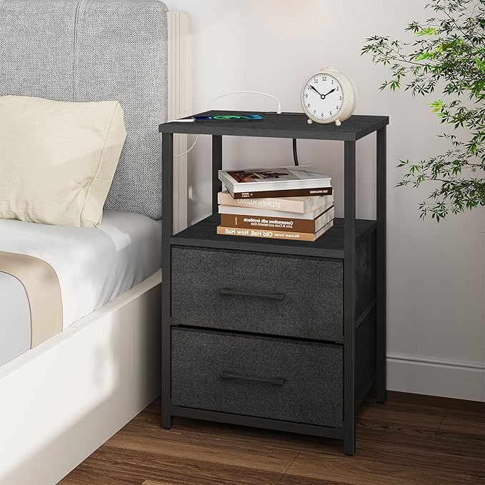 TUTOTAK End Table with Charging Station, Side Table with 2 USB Ports and Outlets, Nightstand with Cloth Drawer, Set of 2, Couch Table, Black TB01BK052