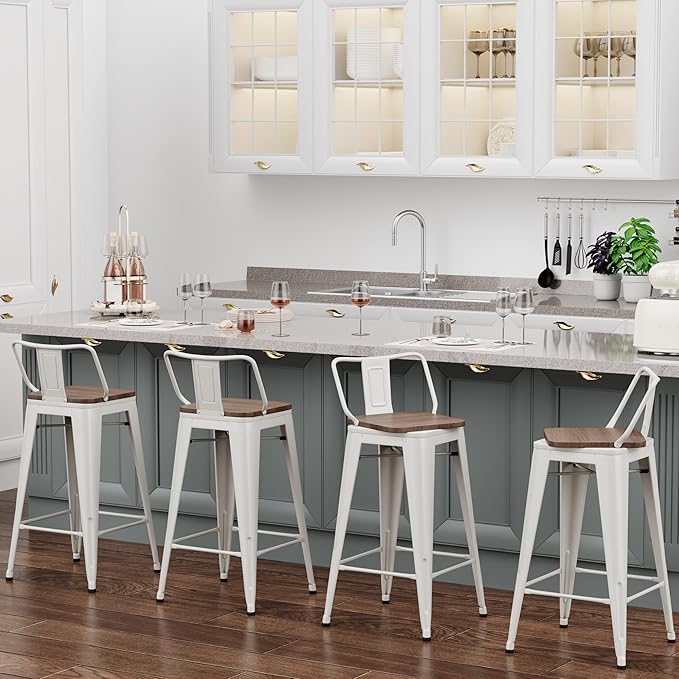 24 Inch Swivel Bar Stools Set of 4 with Backs Counter Height Industrial Metal Barstools Island Bar Chairs for Home Kitchen Dining Room (Swivel 24 inch, White Wooden)