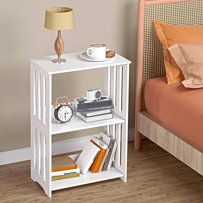 3-Tier End Table Night Stand Set of 2, White Side Table Small Bookshelf Bedside Table for Bedroom, Living Room, Office, Bathroom