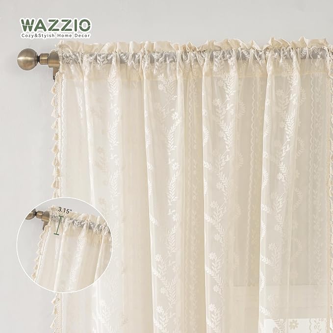 WAZZIO Boho Lace Curtains 2 Panels 105 Inches -Cute Vintage Victorian Sheer - Image 7