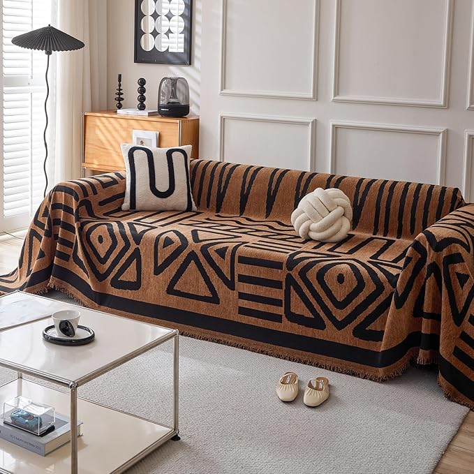 HANDONTIME Boho Geometric Couch Covers for Sofa Pet Friendly Brown and Black Sofa Covers Washable Chenille Couch Blanket Cover for 3 4 Cushion Couches Pet Protector Furniture Cover Soft, 71" X 134"